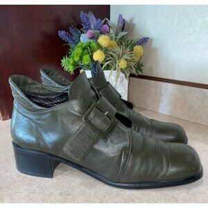 Sesto Senso Vintage Italian Leather Monk Strap Shoes Olive Green Block Heel EU 4